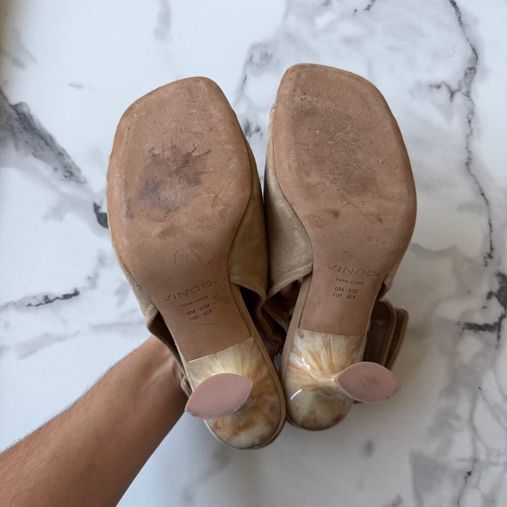 Vince Quest Beige Suede Slingback Marble Heel Sandals Size 9.5 - Picture 8 of 9